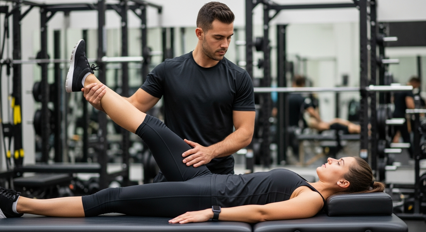 헬스장에서 PNF 기법으로 신경근 반응을 촉진하는 전문가와 운동 선수 모습