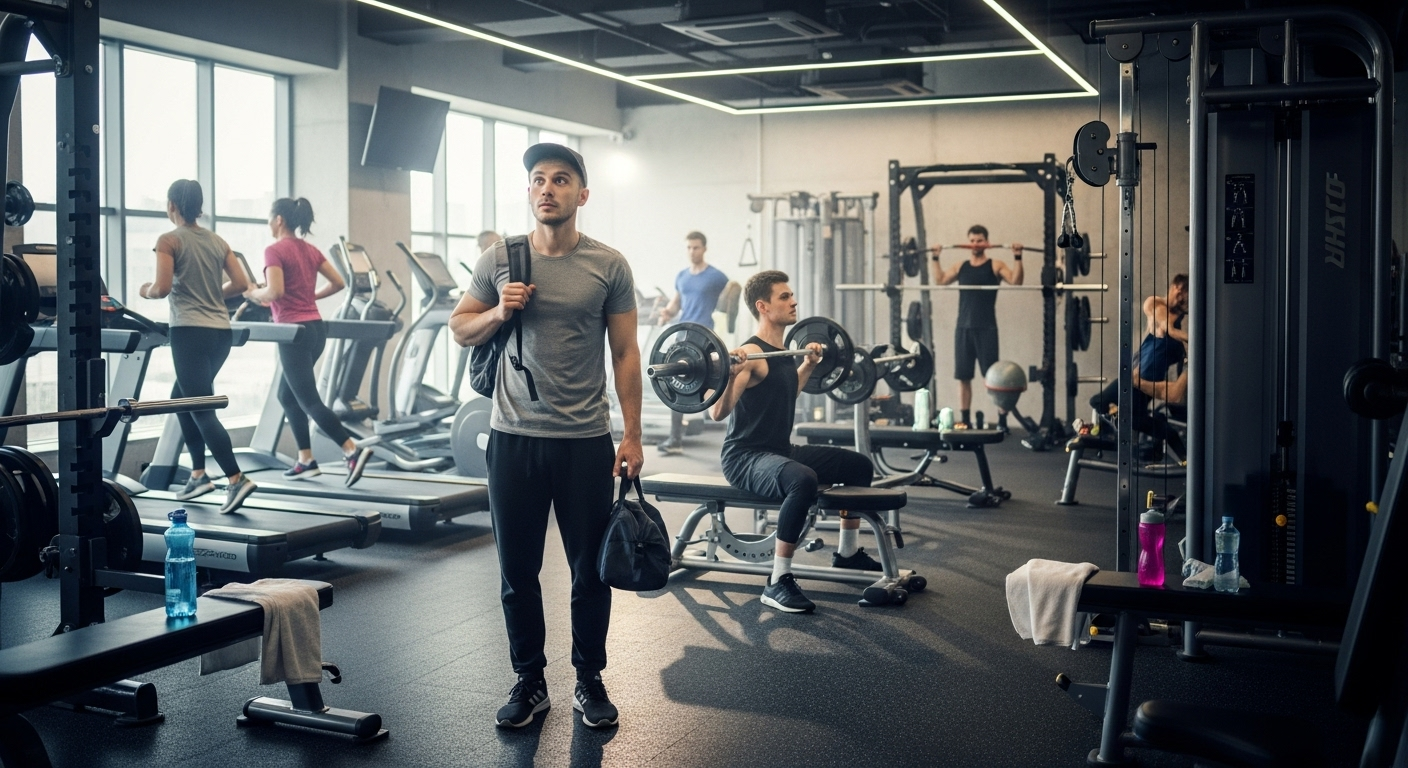 헬스장에 처음 들어서는 초보자가 다양한 운동기구 사이에서 호기심과 약간의 긴장감을 느끼는 모습