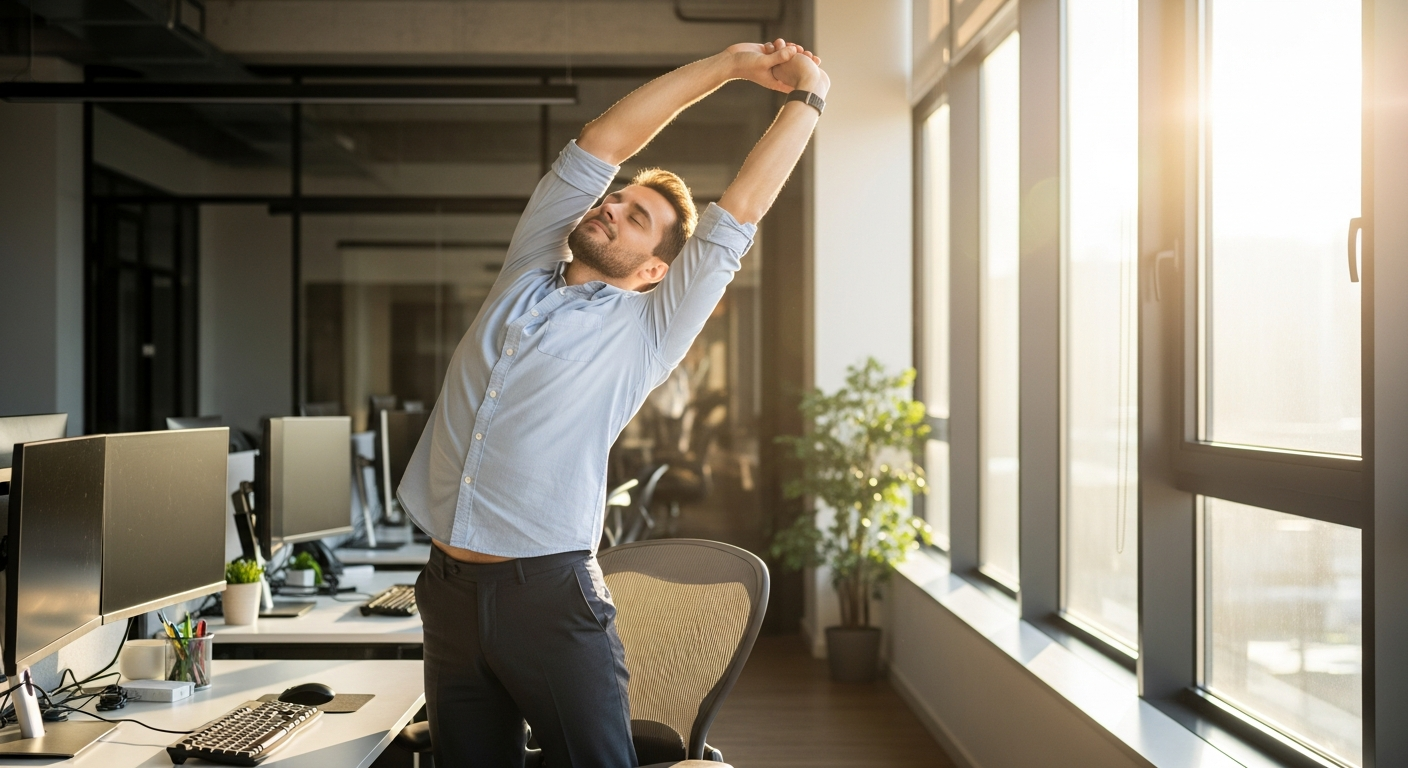 사무직 근로자가 건강을 위해 일어나 스트레칭하는 모습, 밝은 사무실 환경