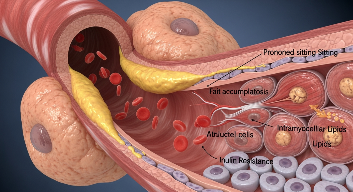 장시간 앉아 있어 혈액순환이 저하되고 대사 질환 위험이 높아지는 인체 단면