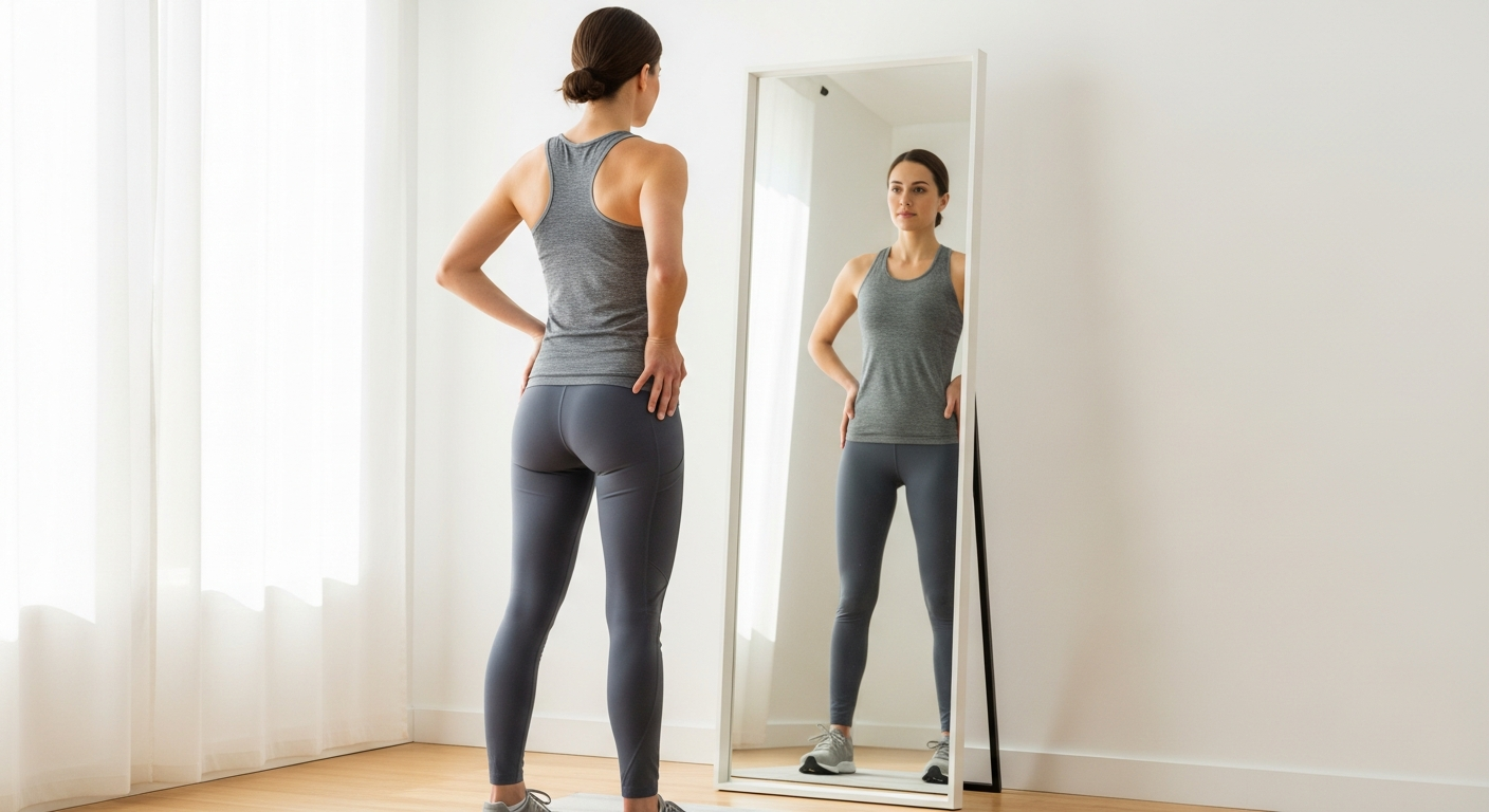 집에서 거울을 보며 체형 자가진단을 하는 여성