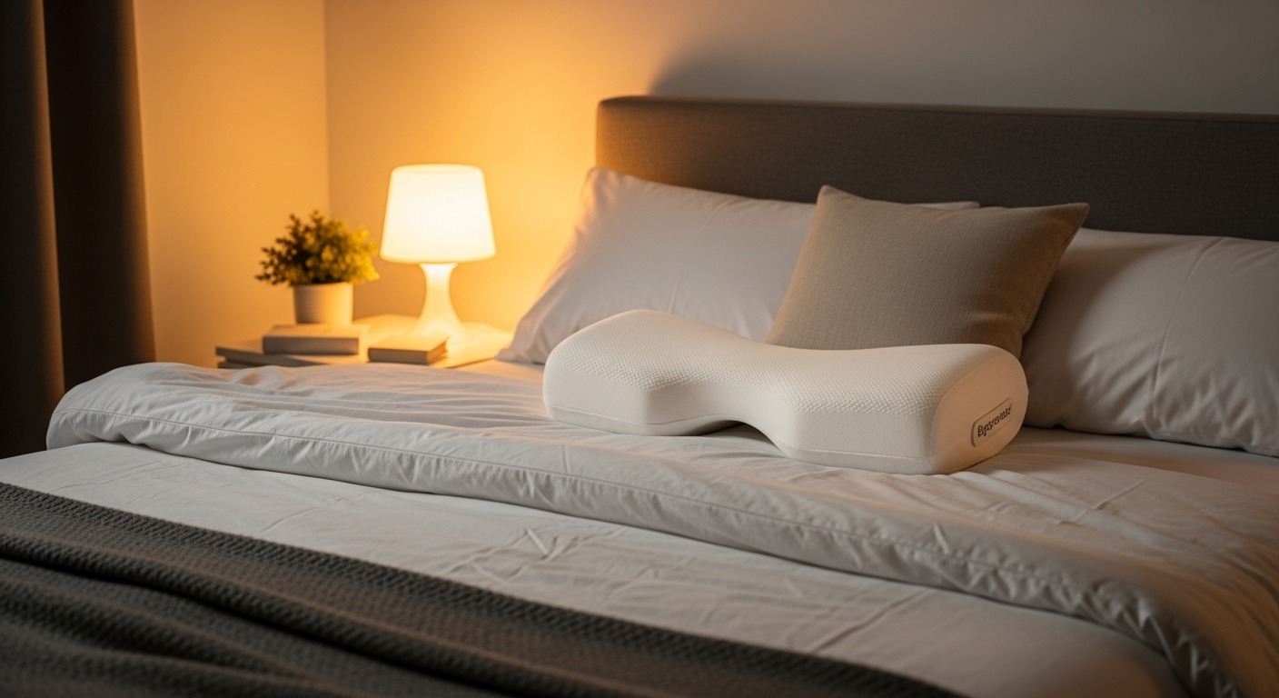 목의 자연스러운 곡선을 지켜주는 경추 베개와 편안한 침실 환경 모습