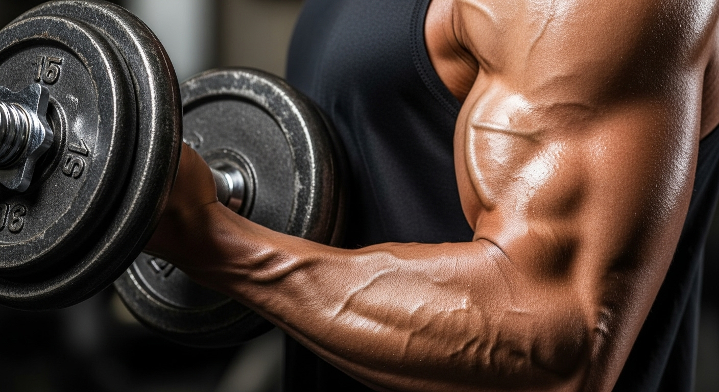 근육이 팽팽하게 긴장한 상태에서 무거운 덤벨을 잡고 있는 팔의 모습