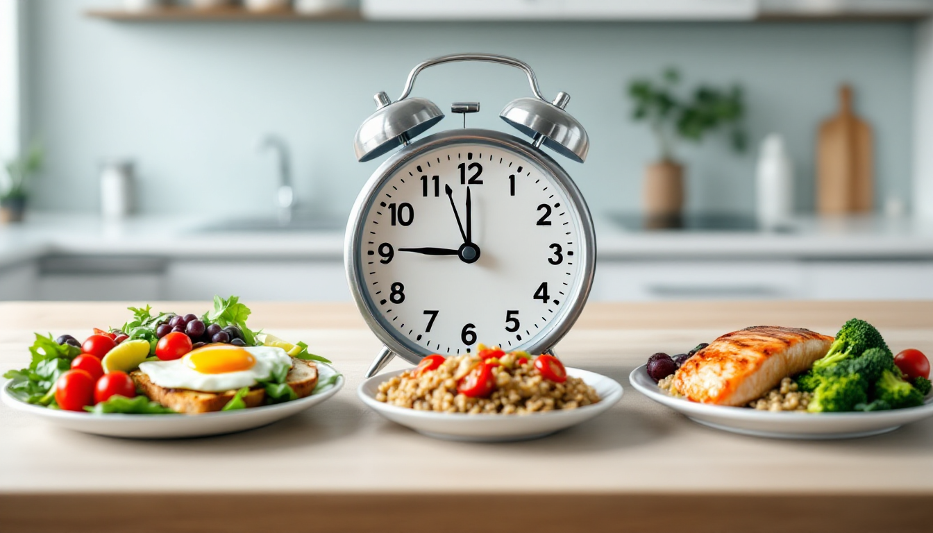 식사 시간과 규칙성의 중요성을 보여주는 시계와 식사