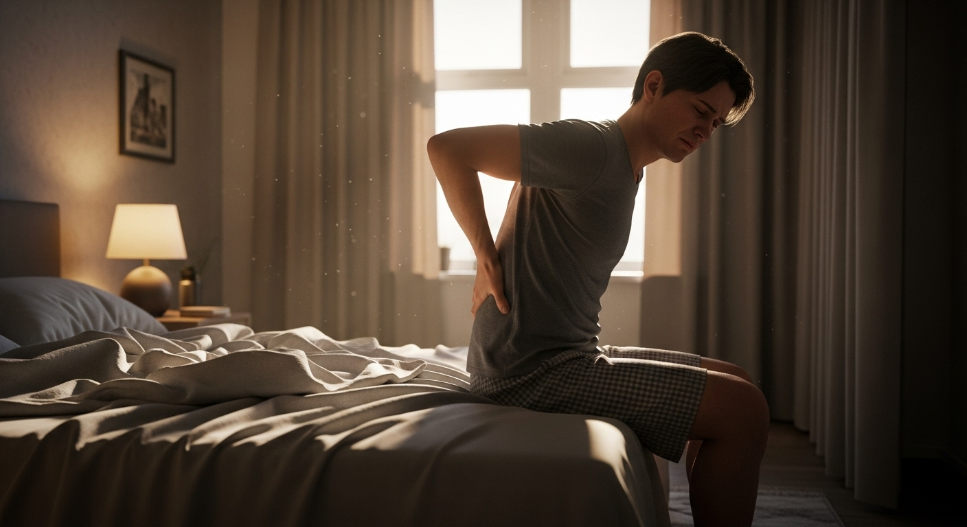 아침에 일어나 허리를 붙잡고 아파하는 사람의 모습
