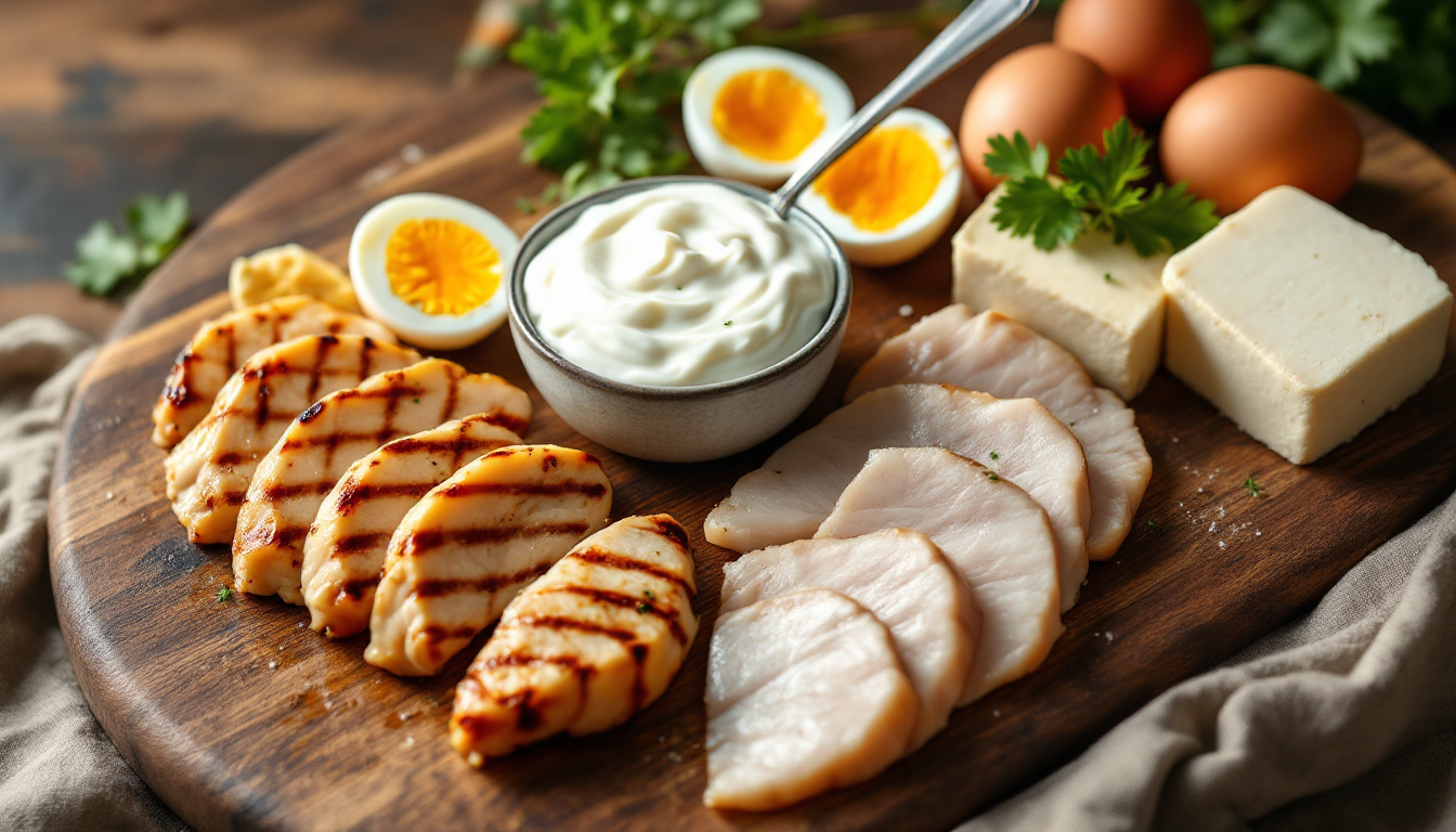 단백질이 풍부한 닭가슴살, 계란, 흰살 생선, 그릭 요거트, 두부