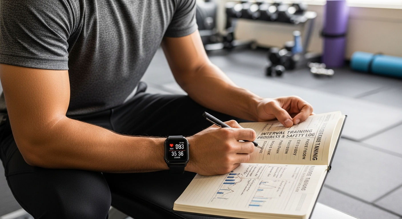 인터벌 트레이닝의 안전 가이드와 꾸준함을 위한 동기부여를 위해 운동 기록을 하는 모습