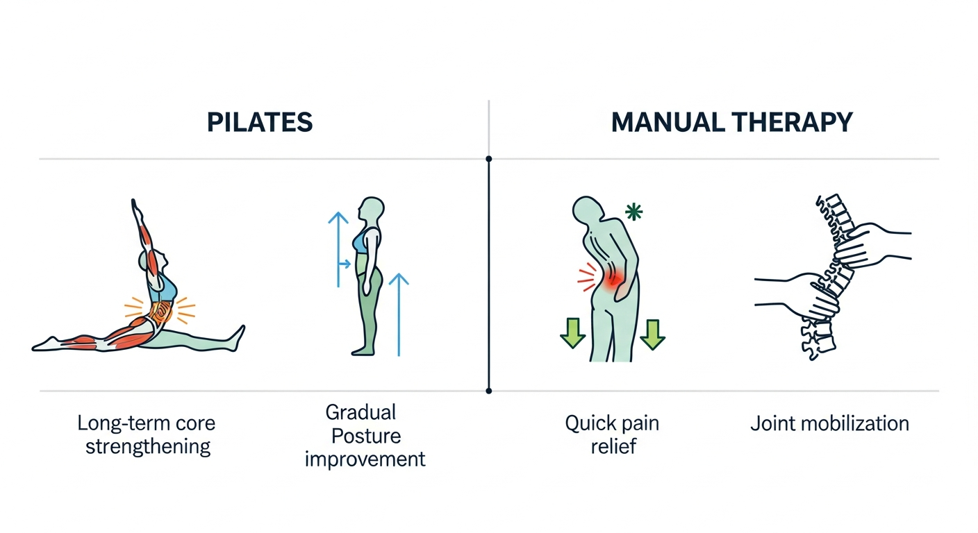 필라테스와 도수치료의 장단점을 비교하는 인포그래픽