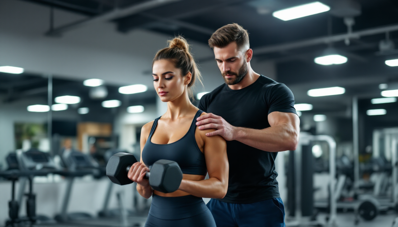 퍼스널 트레이너가 여성 초보자의 자세를 교정하며 맞춤 운동 지도를 하는 모습