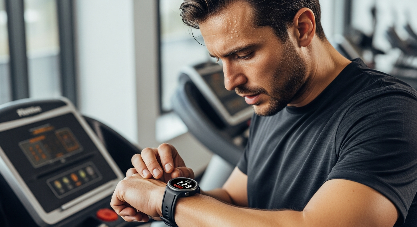 바쁜 사람이 러닝머신 옆에서 스마트워치를 보며 운동 시간을 확인하는 모습