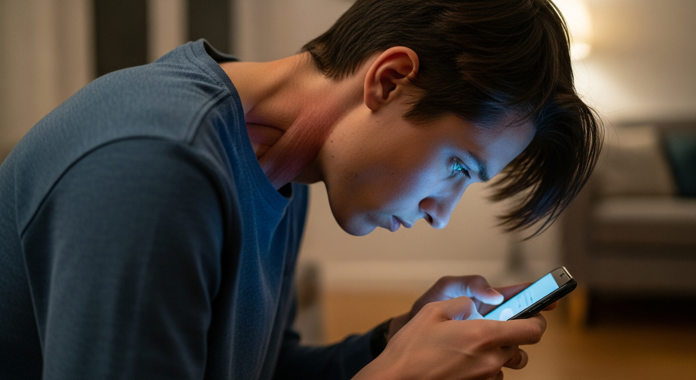 스마트폰을 사용하며 고개를 숙여 목에 부담을 주는 모습