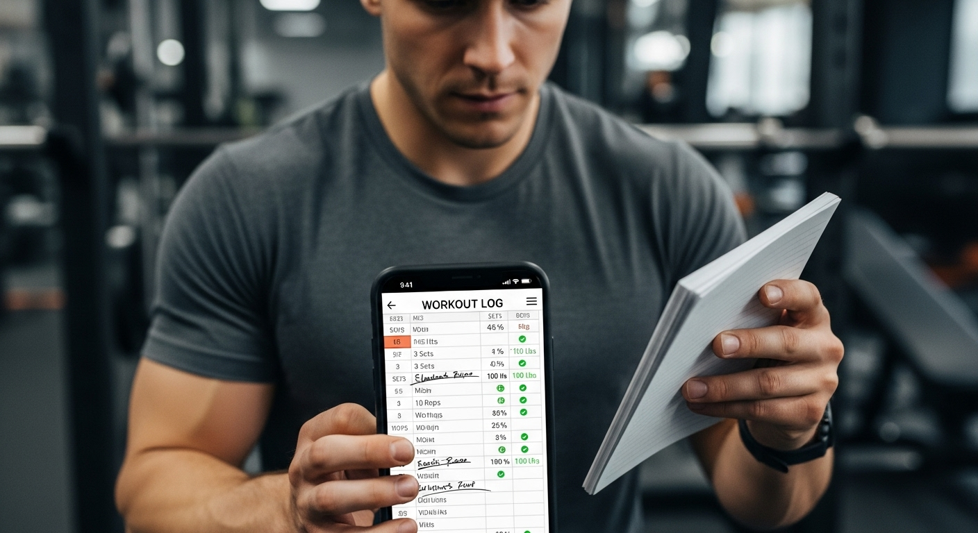 운동 일지를 작성하거나 운동 기록 앱을 확인하는 초보자의 모습
