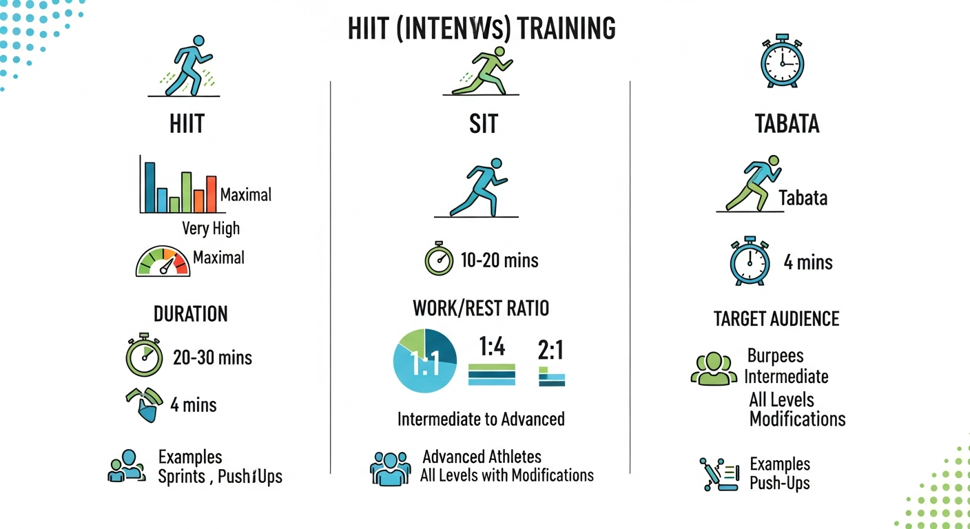 HIIT, SIT, 타바타의 운동 강도 및 시간 차이점을 비교하는 인포그래픽 이미지