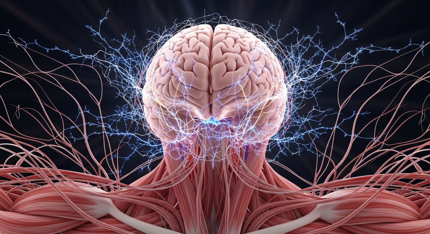 뇌와 근육이 연결된 신경계 통합 시스템을 상징하는 이미지