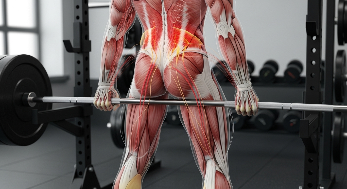 데드리프트 시 허리를 보호하는 코어 근육과 올바른 자세를 강조하는 이미지