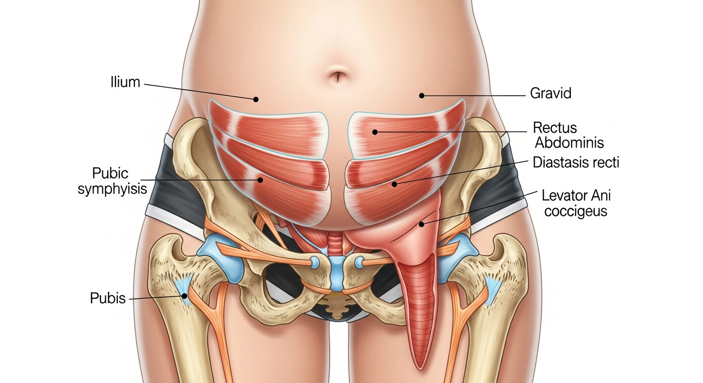임신과 출산으로 변형된 여성 골반 구조와 복부 근육 상태