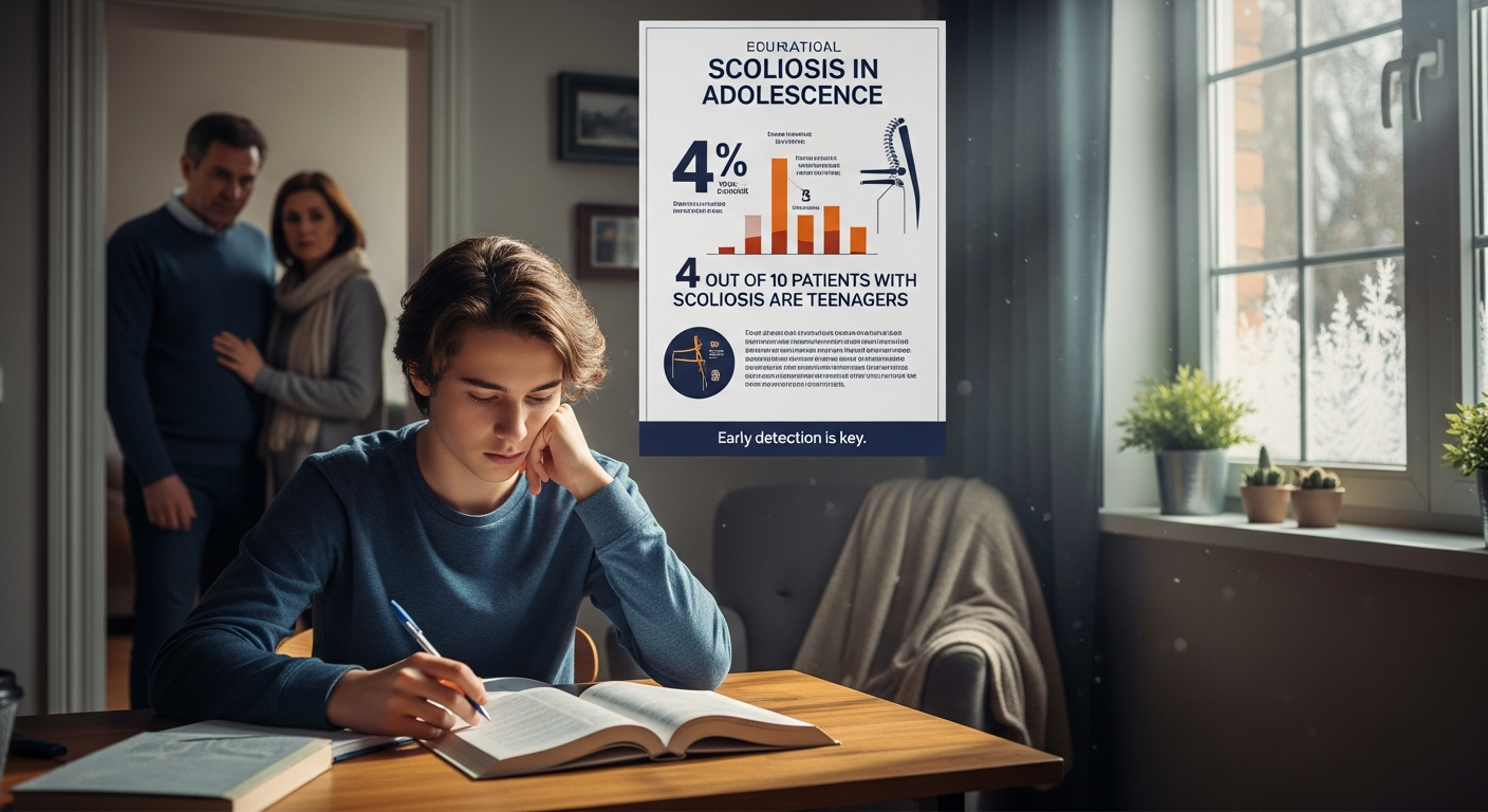 겨울방학에 책상에 앉아있는 청소년의 자세와 청소년 척추측만증 환자 통계를 보여주는 이미지