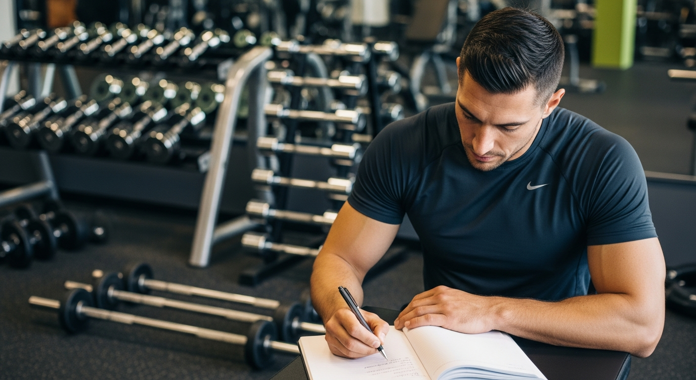 트레이너가 운동일지를 작성하는 모습, 덤벨과 바벨이 배경에 있는 장면