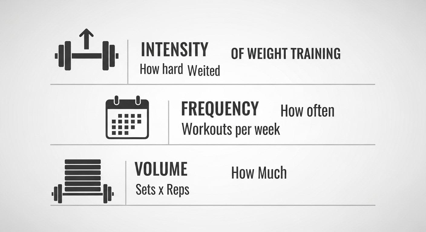 웨이트트레이닝의 강도, 빈도, 볼륨 세 가지 요소를 시각적으로 표현한 인포그래픽