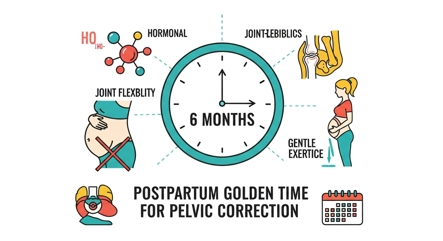 출산 후 6개월 골든타임을 상징하는 시계 이미지와 호르몬 및 관절 유연성 과학 아이콘 인포그래픽