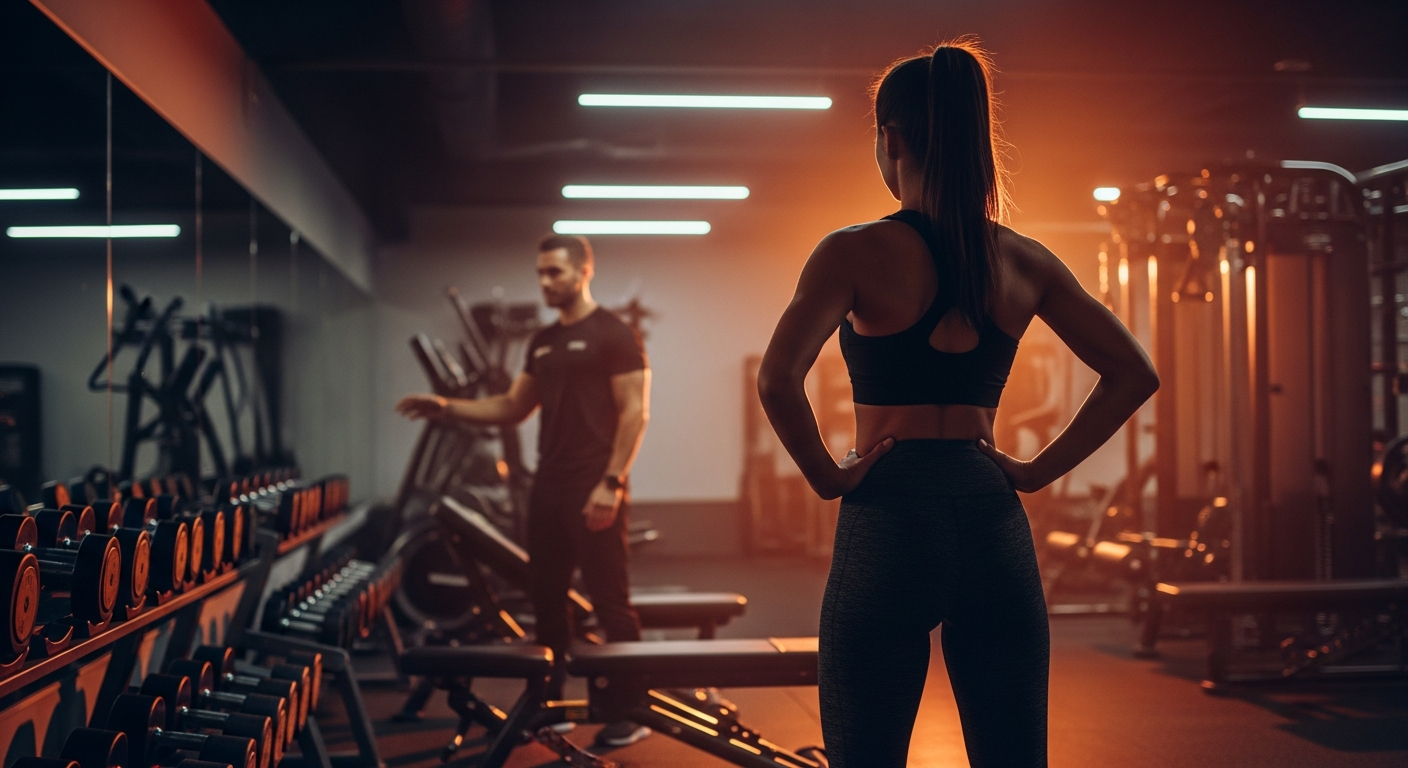 여성 맞춤 PT를 시작하는 용기 있는 첫걸음을 상징하는 동기 부여가 되는 체육관 장면