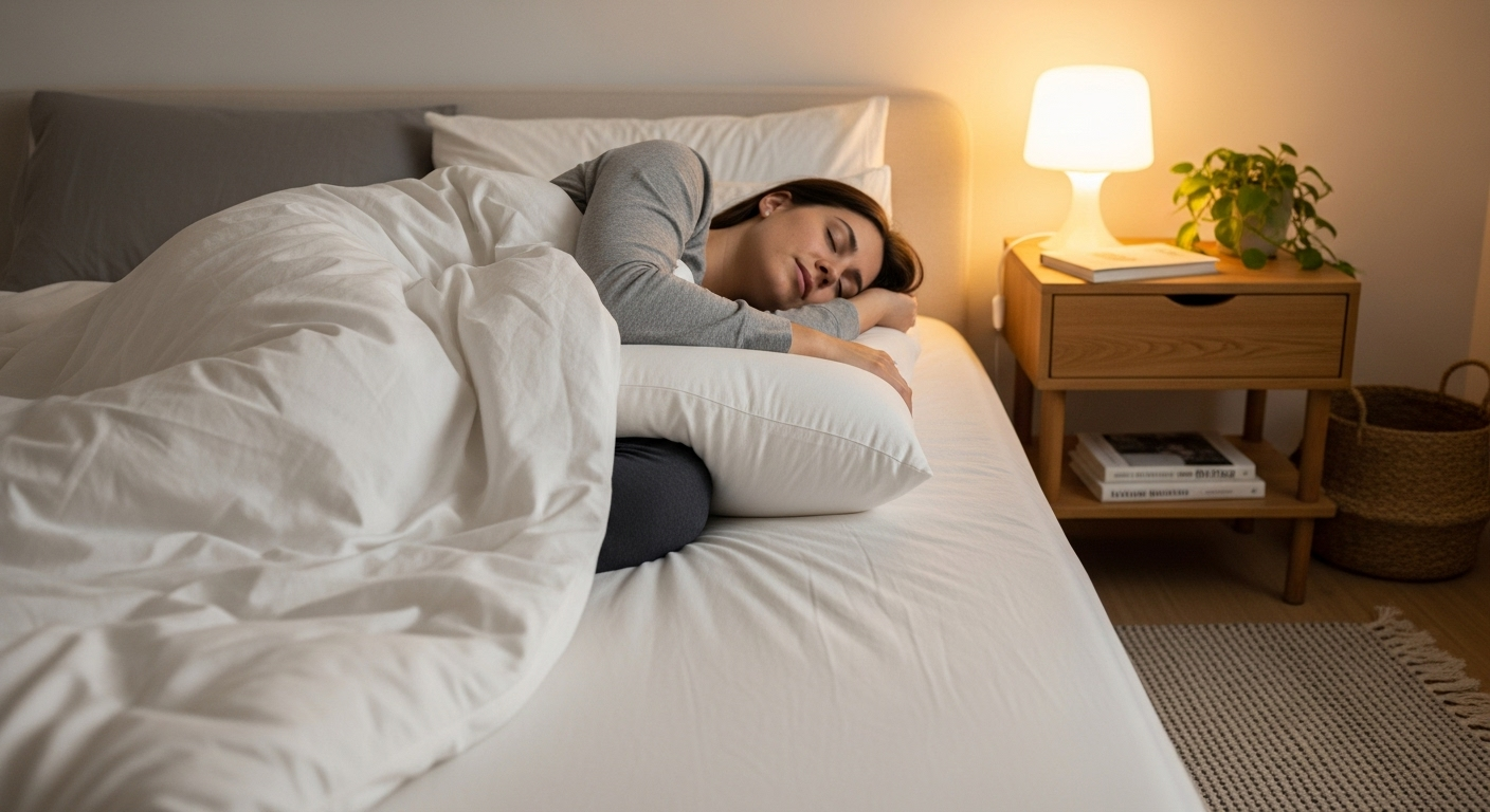 옆으로 누워 무릎 사이에 베개를 낀 올바른 수면 자세