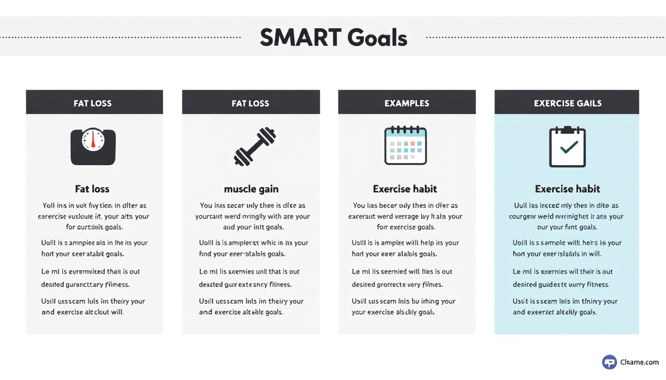 SMART 목표 설정 인포그래픽, 체지방 감량, 근력 증가, 운동 습관 예시를 포함한 깔끔한 디자인