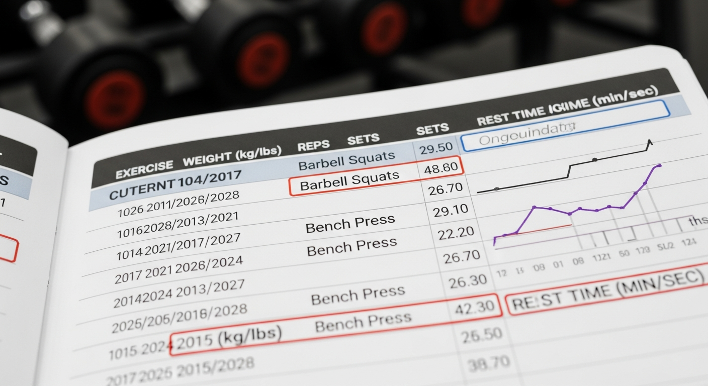 점진적 과부하 트레이닝을 위한 체계적인 운동 기록 관리의 중요성을 보여주는 운동 일지와 앱 화면 이미지