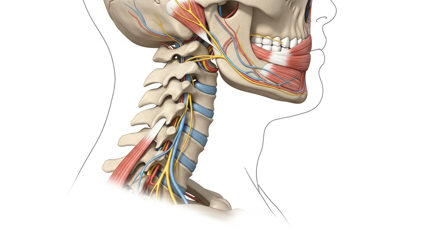 사람 목 경추의 구조와 C자 커브 형태가 강조된 해부학적 이미지