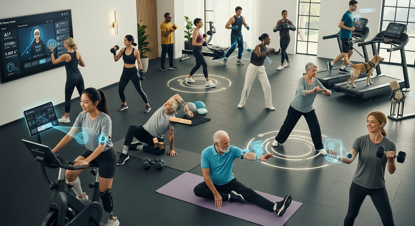 모두를 위한 스마트한 운동 파트너로서 AI 트레이너와 함께 운동하는 다양한 사람들