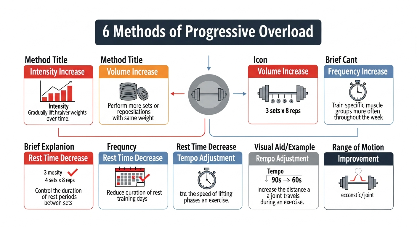점진적 과부하 적용 6가지 방법을 설명하는 인포그래픽 이미지