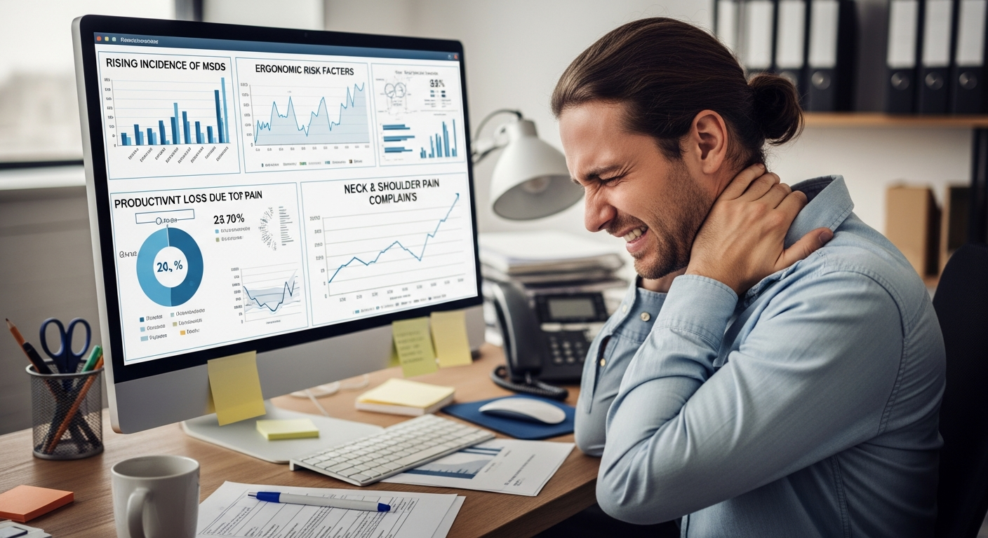 사무직 근로자가 목과 어깨 통증을 느끼며 컴퓨터 앞에 앉아 있는 모습