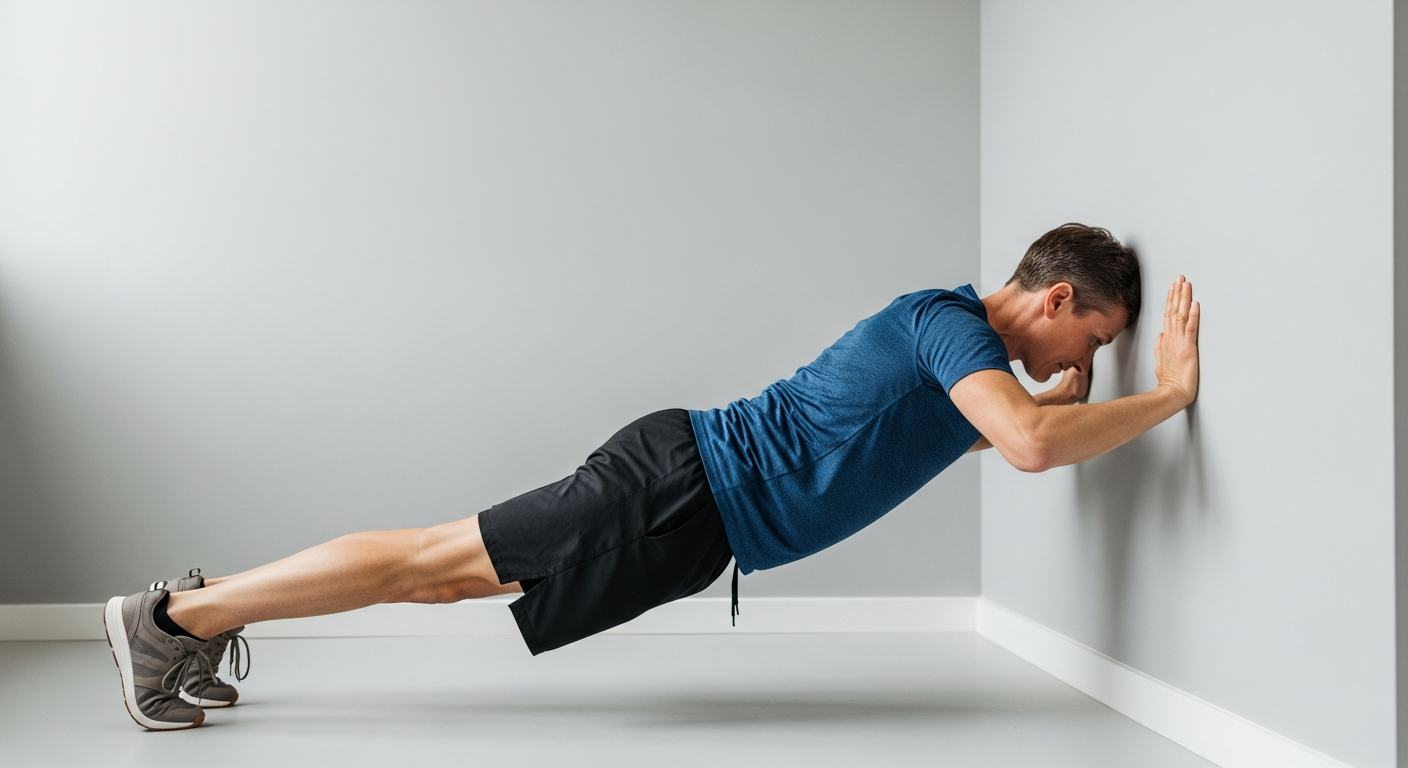 벽을 이용해 월 푸쉬업을 하는 50대 남성의 운동 모습