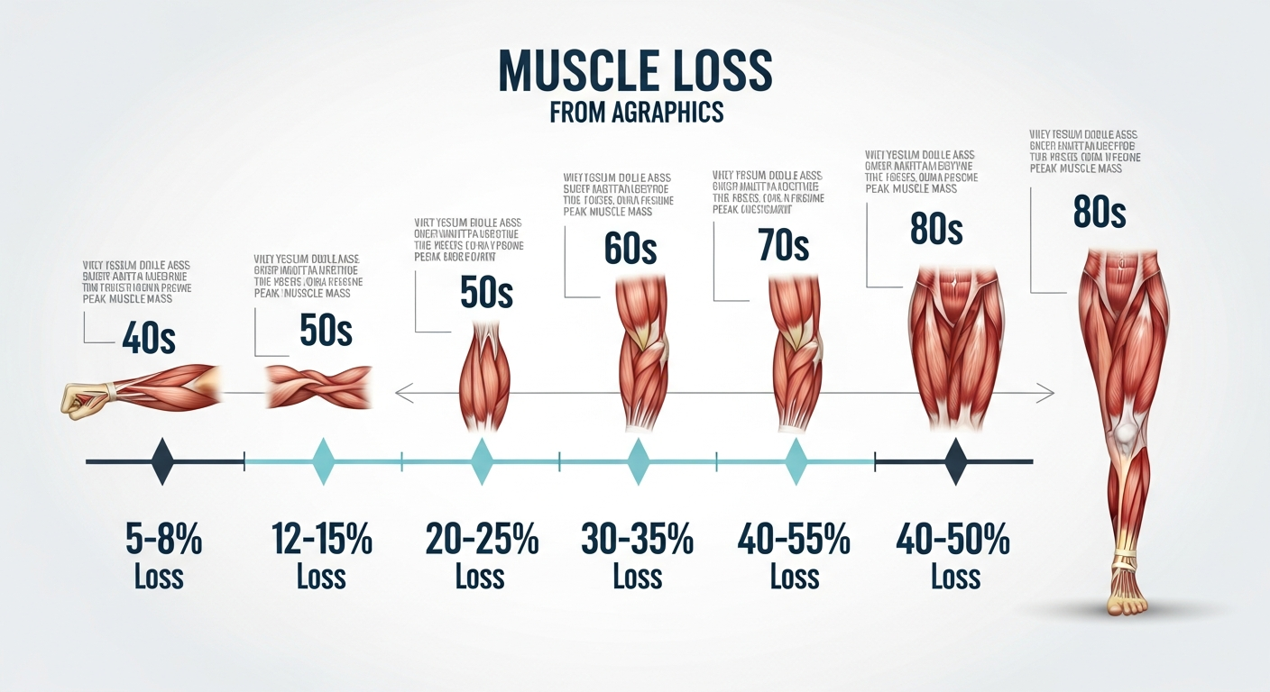 40대부터 80대까지 연령대별 근육량 감소 비율을 나타낸 인포그래픽