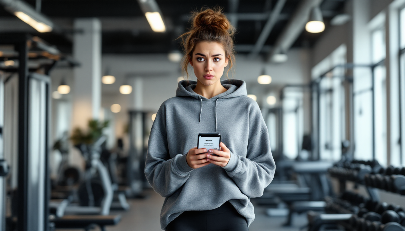 운동 시작이 막막한 여성 초보자가 헬스장 기구들 사이에서 스마트폰을 보며 고민하는 모습