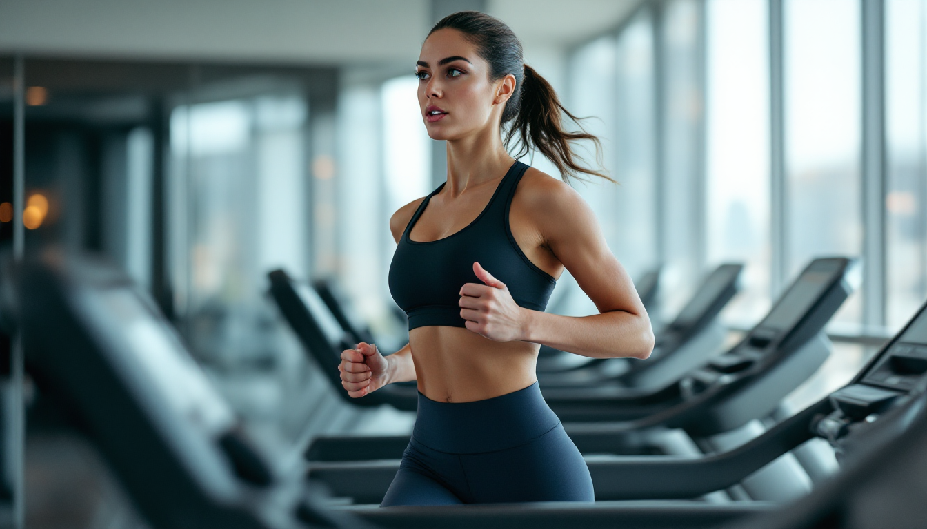 현대적인 헬스장에서 대화가 가능한 강도로 러닝머신 달리는 여성