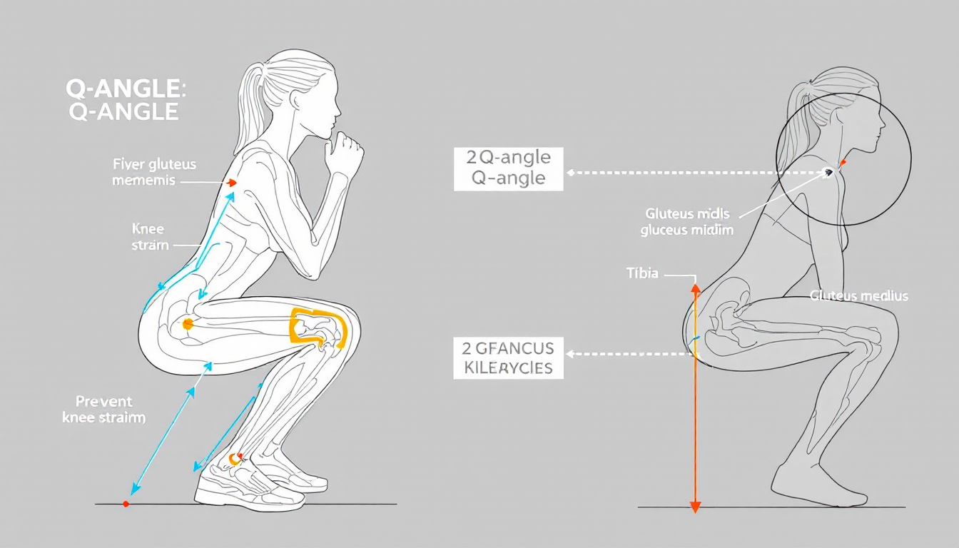 여성 무릎의 Q각과 올바른 스쿼트 자세를 보여주는 해부학적 이미지