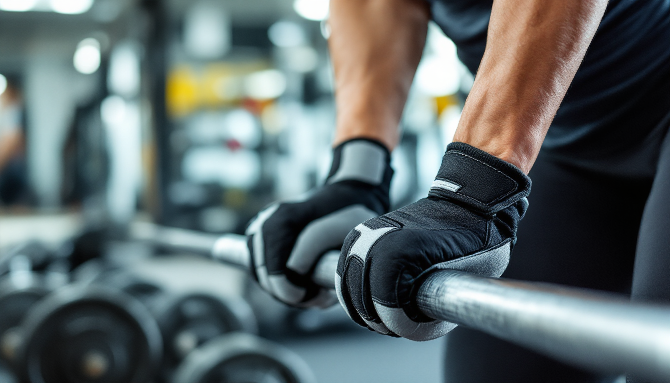 헬스 장갑을 끼고 바벨을 잡고 있는 여성의 손 모습