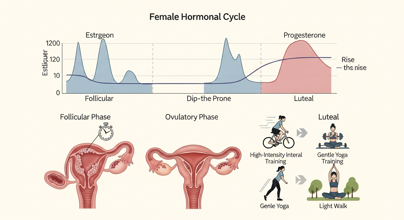 여성 호르몬 주기와 그에 따른 적합한 운동 유형을 보여주는 과학적 일러스트