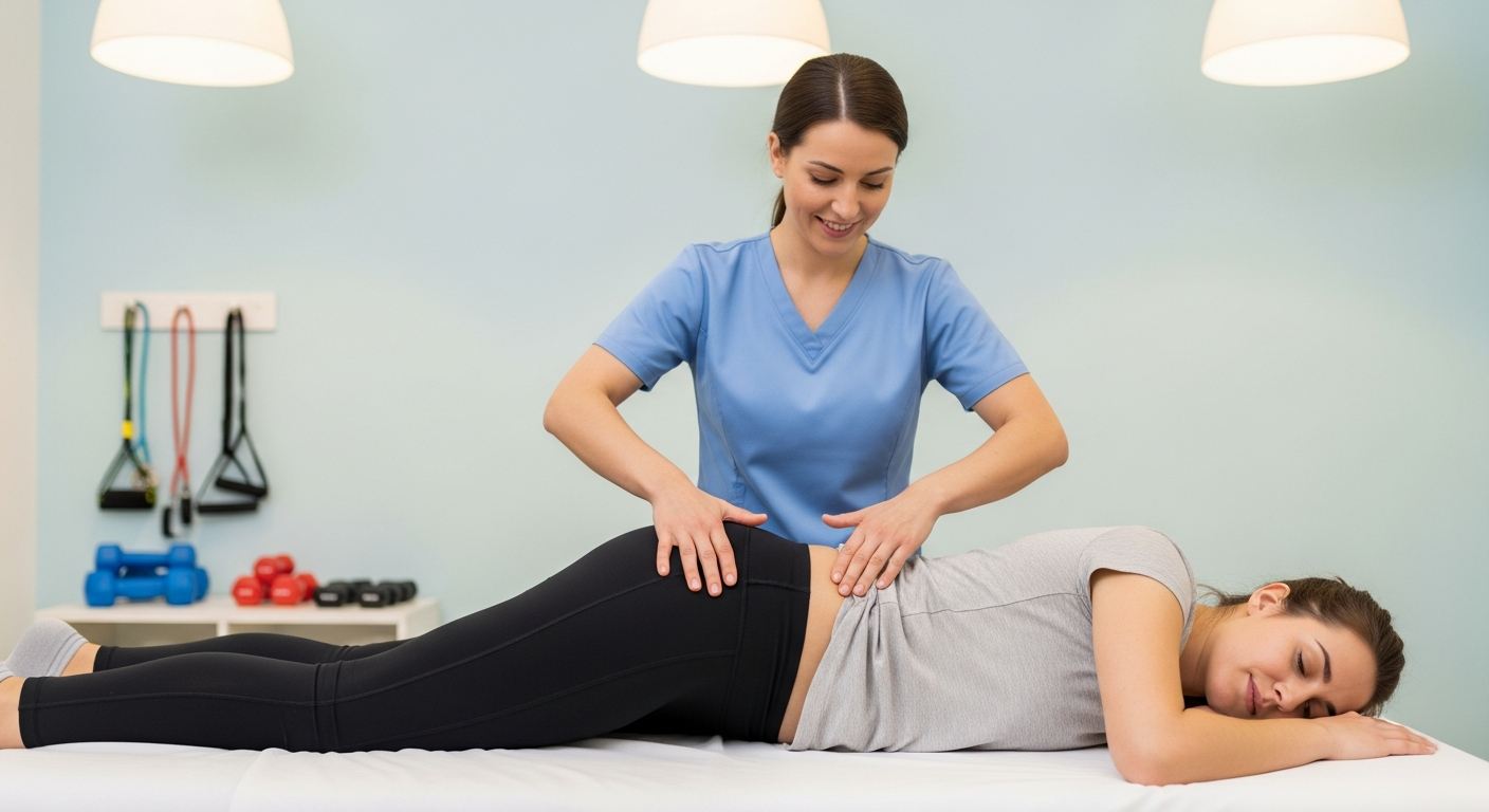 물리치료사가 산후 여성의 골반 교정을 도와주는 임상 현장 사진