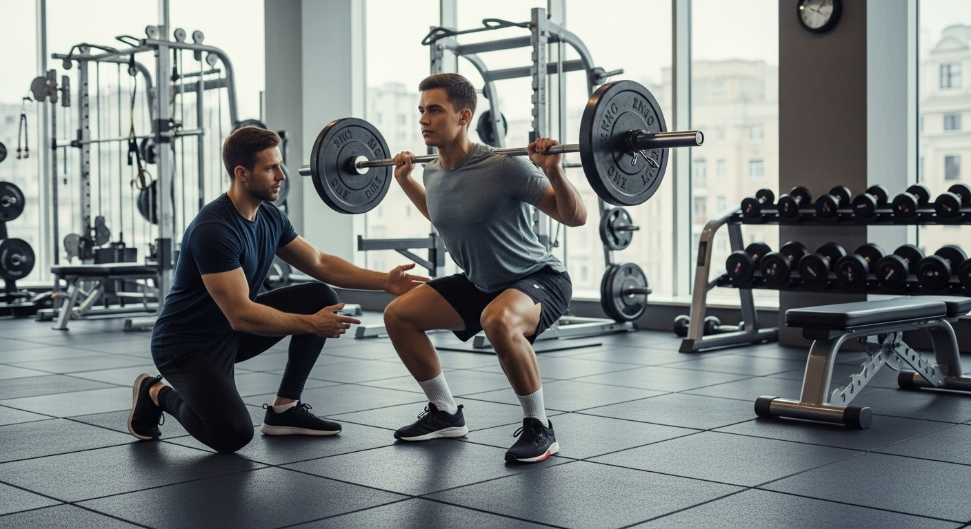 헬스장에서 트레이너가 자세를 교정하며 올바른 스쿼트 자세를 취하는 초보자 모습