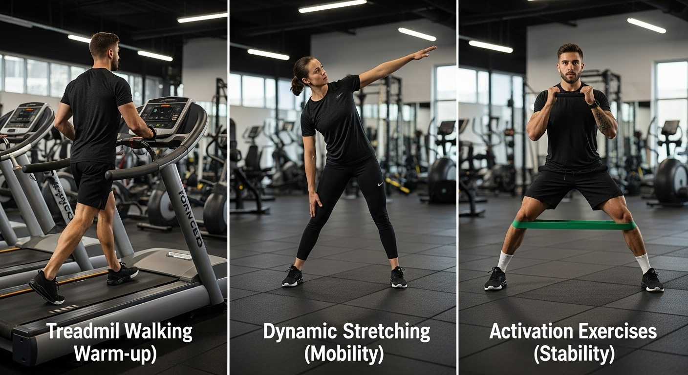 운동 전 워밍업으로 러닝머신 걷기, 동적 스트레칭과 밴드 운동을 하는 실사 이미지