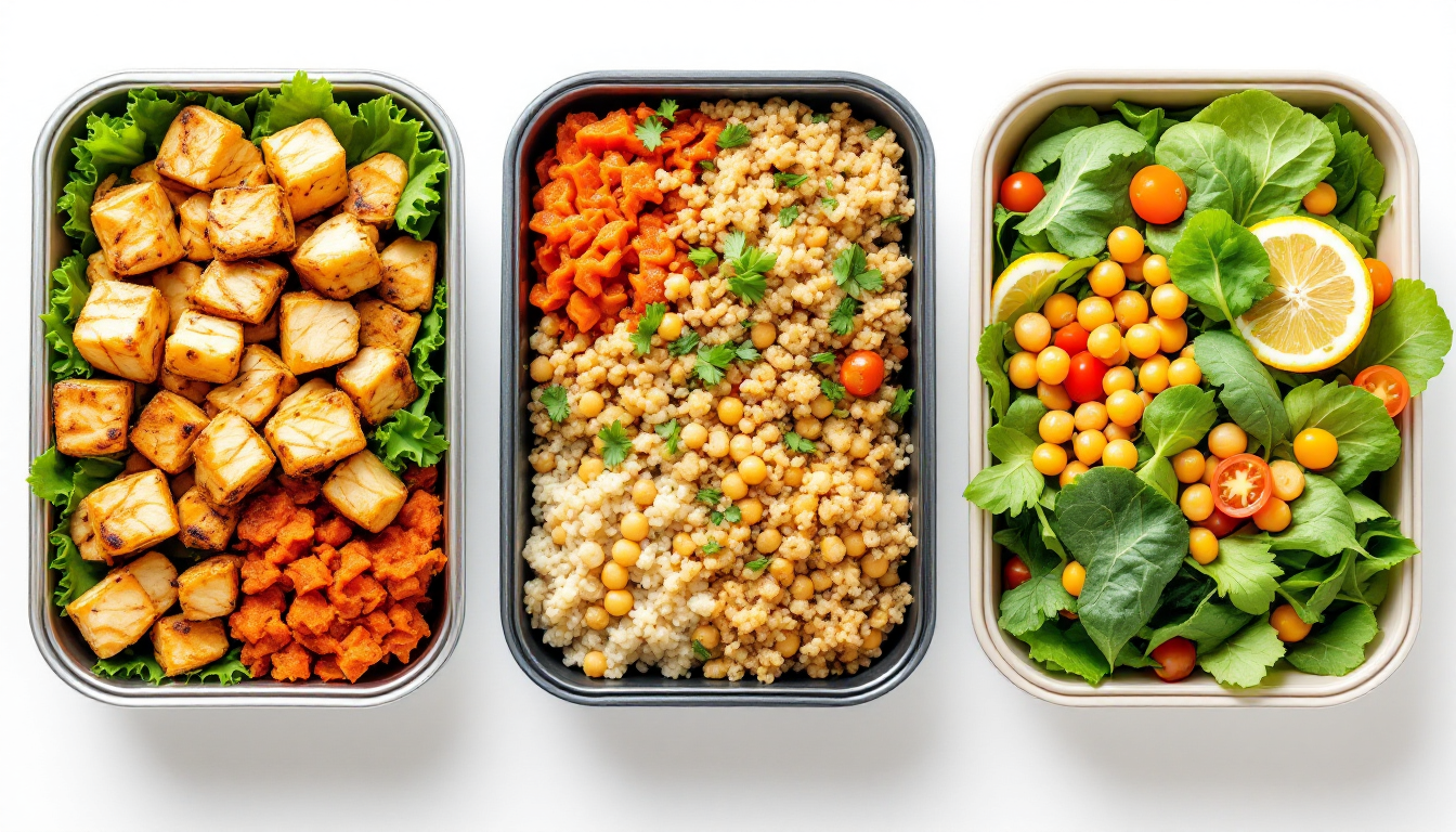 고단백 저탄수화물, 한식 기반 건강식, 샐러드 및 곡물볼 세 가지 인기 식단 유형을 보여주는 이미지