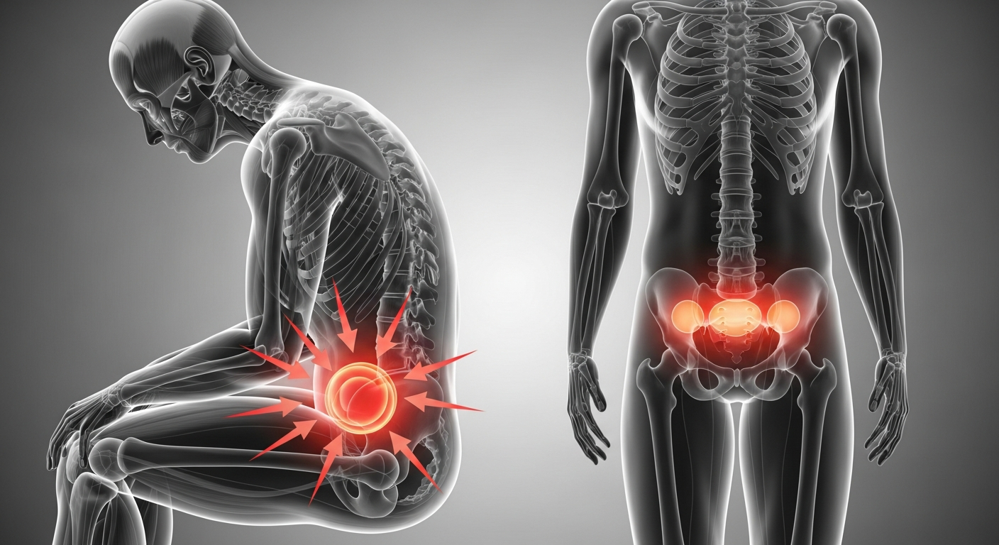 앉은 자세에서 척추에 압력이 더 가해지는 모습과 비교한 인간 척추의 상세 일러스트