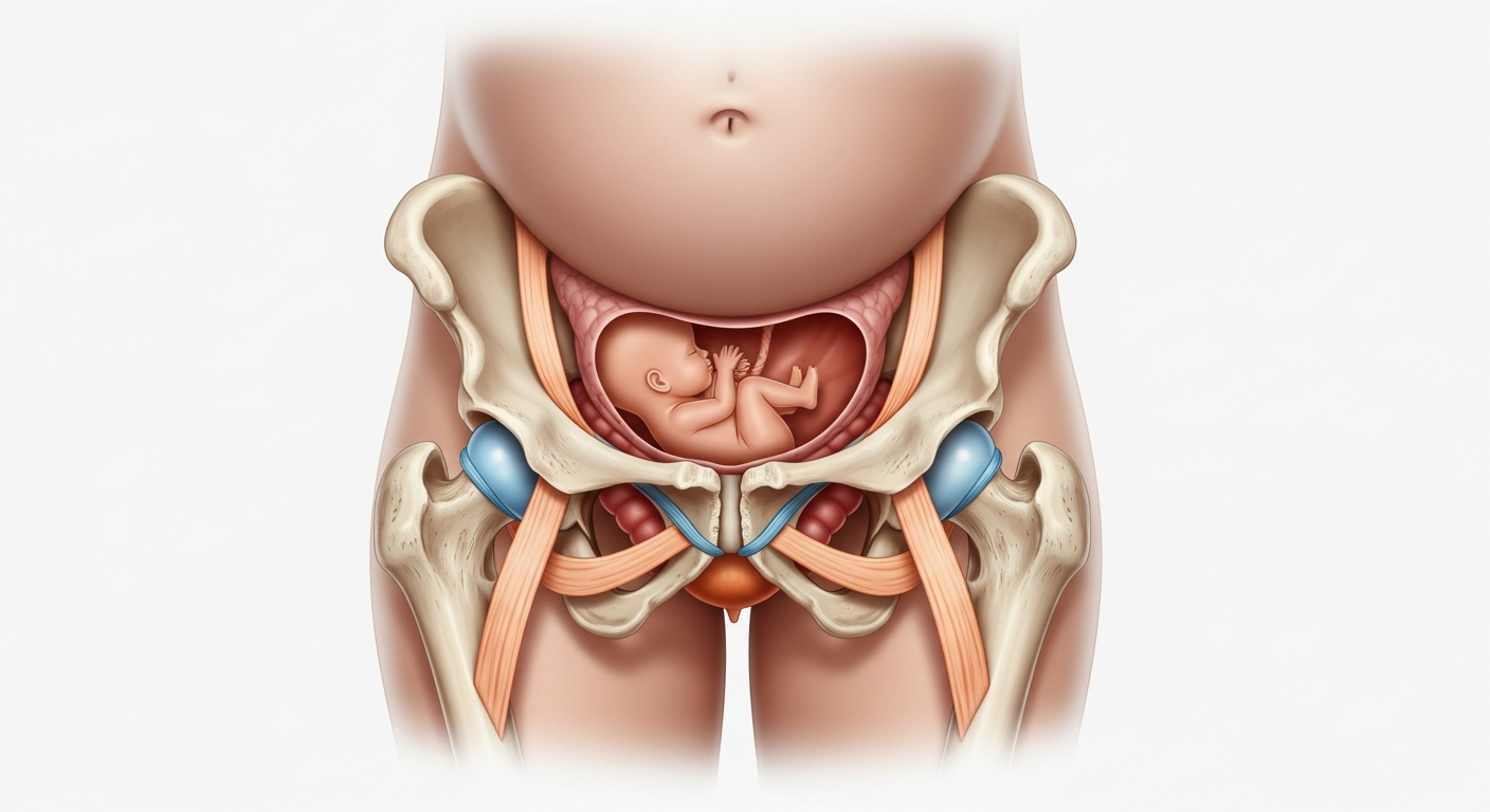 임신 중 릴랙신 호르몬으로 인해 이완된 인대와 벌어진 골반뼈를 보여주는 여성 골반 해부학 일러스트